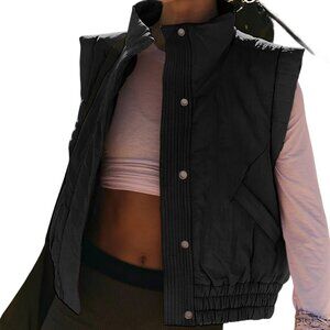 Cropped Puffer Vest Sleeveless Light Jacket Stand Collar Gilet Pockets